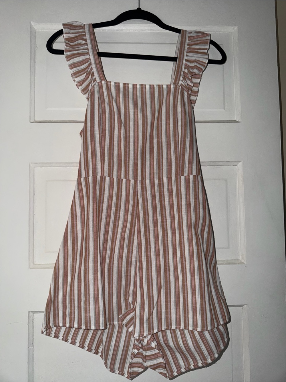 SHEIN Rust and White Striped Ruffle Strap Romper